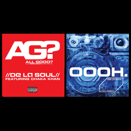 Two album covers for 'All Good?' and 'OOOH.' by De La Soul featuring Chaka Khan on a black background.