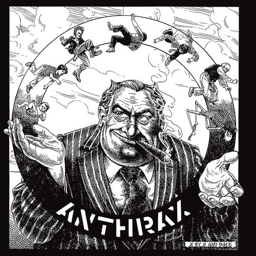 Illustration of a man with a cigar, surrounded by people in a circular design, with 'Anthrax' band name at the bottom.