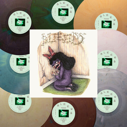 Vinyl records with a central illustration of a person with butterfly wings sitting on a bench.