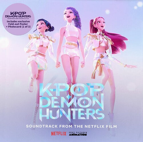 Album cover for 'K-POP Demon Hunters' soundtrack from Netflix with three animated characters.