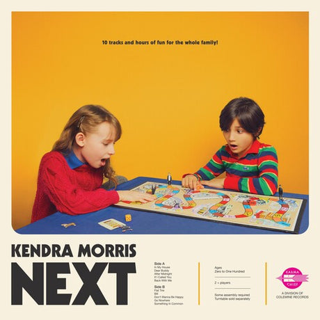 Album cover with two children playing a board game, featuring text about tracks and hours of fun for the whole family.