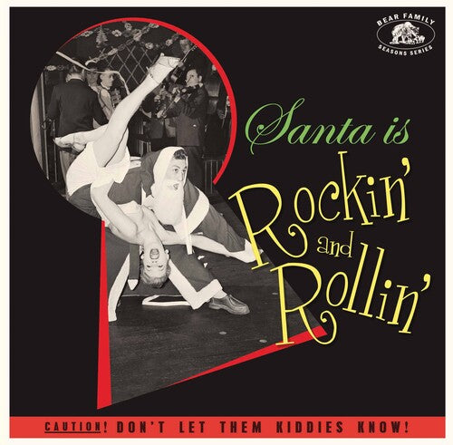 Album cover with a vintage-style image of two people dancing, text 'Santa is Rockin' and Rollin'' and Bear Family Records logo.