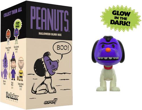Peanuts Halloween blind box with a purple dog figure and packaging.