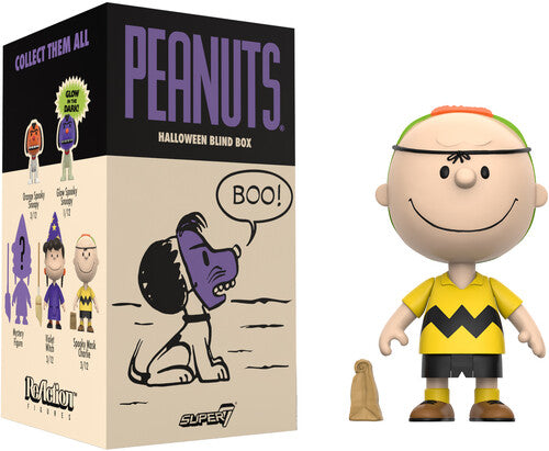 Peanuts Halloween blind box packaging with a Charlie Brown figure on a white background