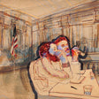 Colorful illustration of two people sitting at a table in a courtroom setting.