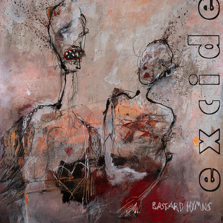 Abstract artwork with two figures and text on a textured background