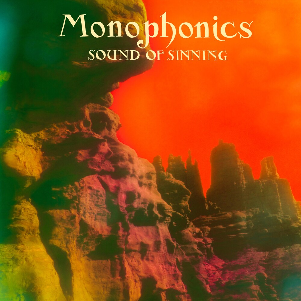 Album cover with rock formations and 'Monophonics Sound of Sinning' text
