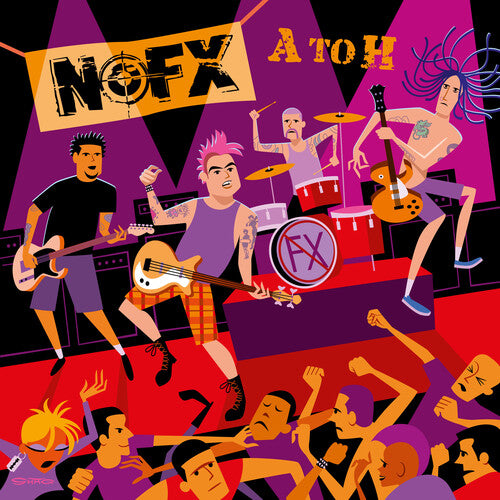 Album cover for NOFX's 'A to H' with stylized band members and fans on a colorful background.