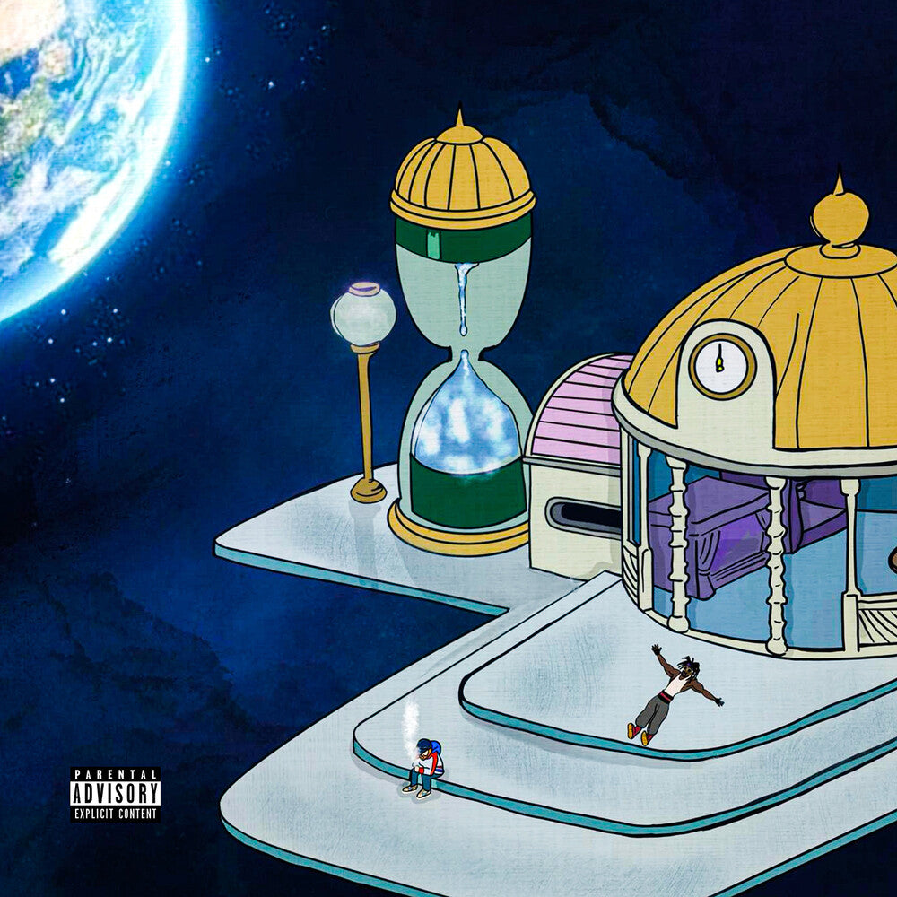 Cartoon scene with a futuristic building, hourglass, and Earth in the background.