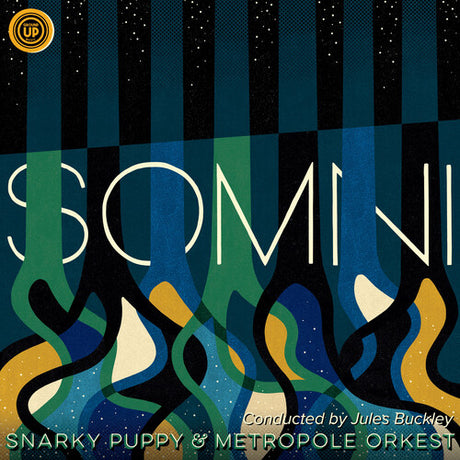 Album cover with abstract design and text, featuring the title 'Somni' and artists' names.