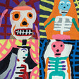Four colorful skeletons on a multicolored background