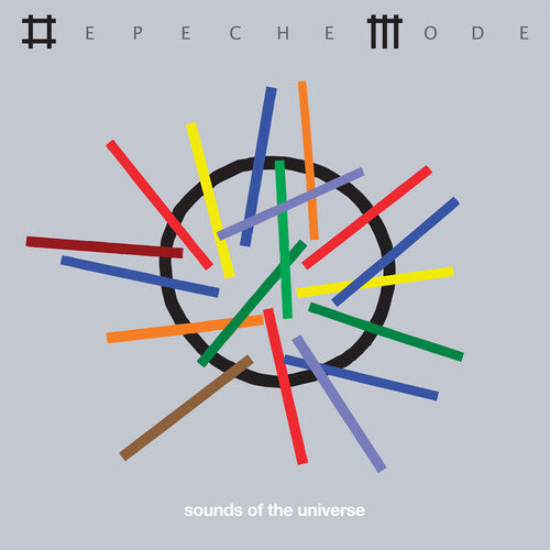 Album cover for 'Sounds of the Universe' by Epeche Mode with colorful sticks on a gray background.