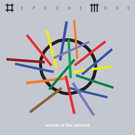 Album cover for 'Sounds of the Universe' by Epeche Mode with colorful sticks on a gray background.