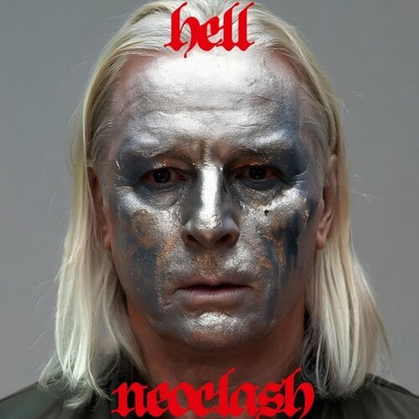 Person with silver makeup and 'hell' and 'nevslash' text on a dark background