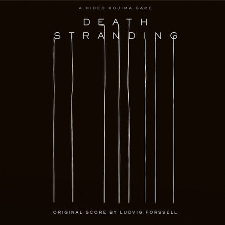 Promotional graphic for 'Death Stranding' game with title and creator's name on a black background