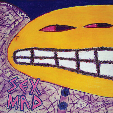 Surrealistic illustration of a face with a yellow oval, purple eyes, and a purple mouth with teeth. The word 'SEX' is written on the face.