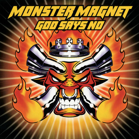 Album cover for 'Monster Magnet God Says No' with a fiery design and mechanical elements.