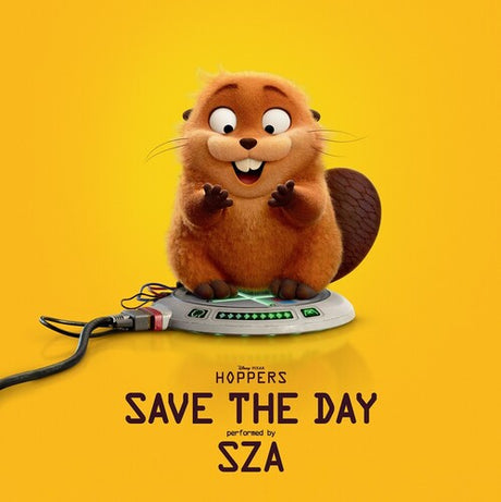 Animated beaver character with a music setup on a yellow background, featuring text 'Hoppers Save the Day performed by SZA'.