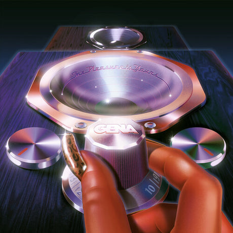 Close-up of a hand adjusting a GEVA speaker component on a dark background