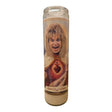 Candle with a printed design of a person's face and a heart symbol on a white background