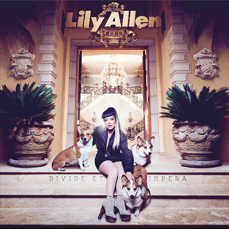 Album cover with a person and dogs in front of an ornate building entrance, featuring the name Lily Allen.
