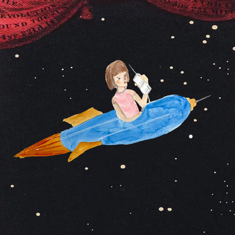 Illustration of a person on a rocket ship in space holding a syringe.
