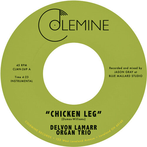 Green record label for 'Chicken Leg' by Delvon Lamarr Organ Trio with Colemine Records branding.