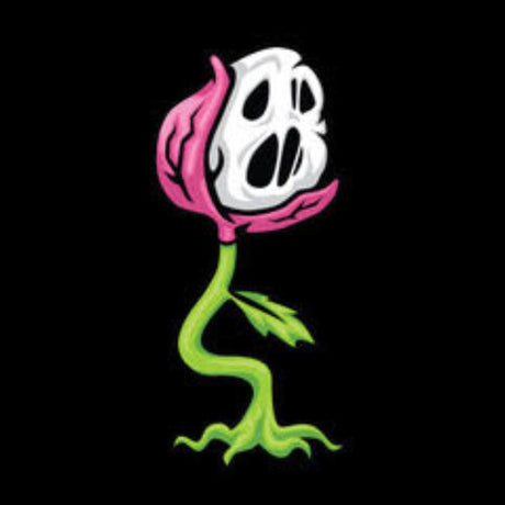 Cartoonish ghost with pink hair and green body on a black background