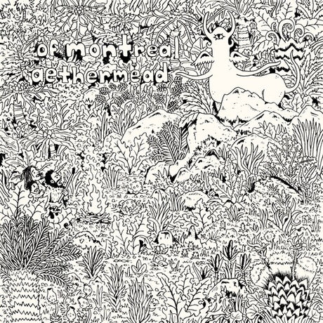 Black and white illustration with animals and text 'of Montreal' on a white background