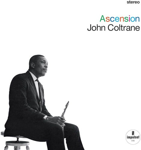 Album cover of 'Ascension' by John Coltrane with a black and white portrait of the musician.