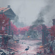 Desolate landscape with ruins, trees, and a bird in a foggy, post-apocalyptic setting.