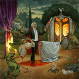 Mystical scene with a man in a red cape, a woman in white, and various mystical elements.