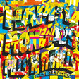 Colorful abstract collage with text on a multicolored background