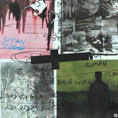 Collage with a cross, text, and a person sitting on the ground.
