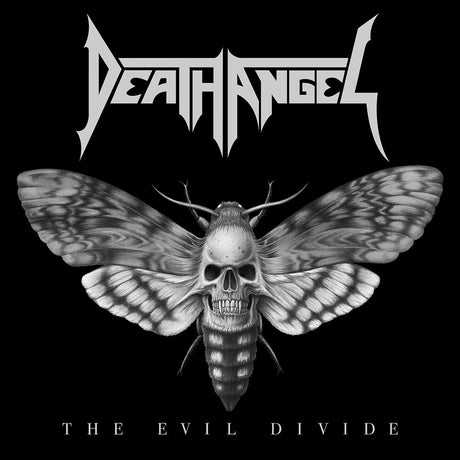 Album cover for 'The Evil Divide' by Death Angel featuring a moth with a skull design on a black background.