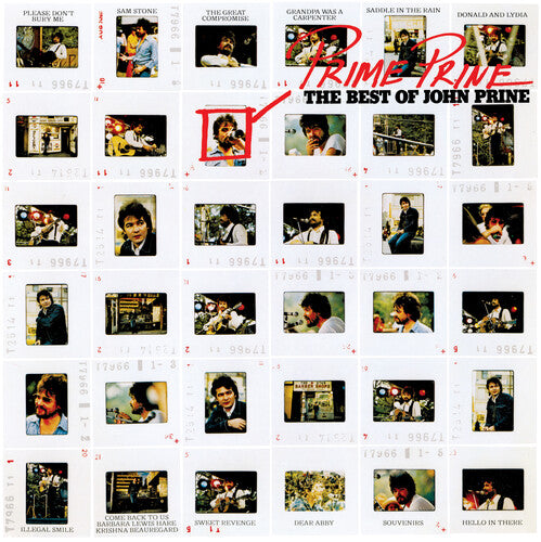 Album cover for 'The Best of John Prine' with film strip design and album title.