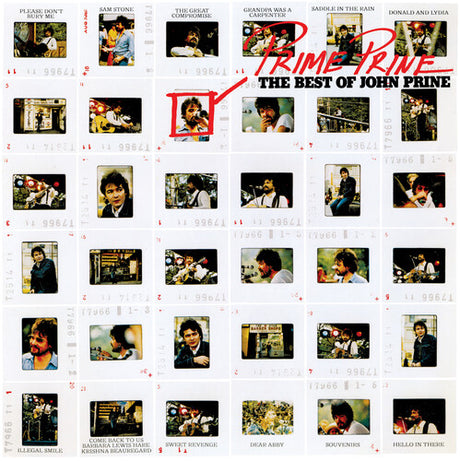 Album cover for 'The Best of John Prine' with film strip design and album title.