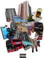 A collage of London-themed elements including red double-decker buses, street signs reading Catford Road and Lewisham, tall apartment buildings, a phone showing a video call, a baby stroller, and several people, arranged on a white background with a Parental Advisory label at the bottom.
