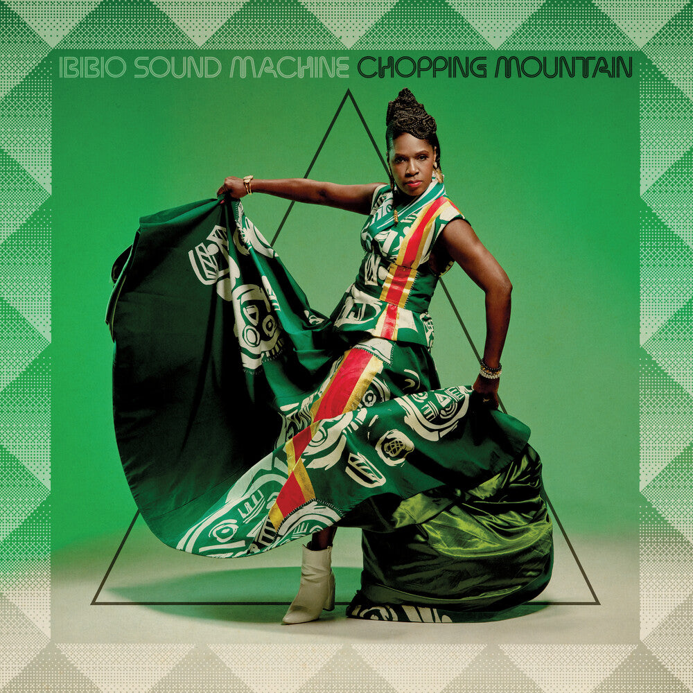 Album cover with a person in a colorful dress against a green background, featuring text 'Ibibio Sound Machine Chopping Mountain'.