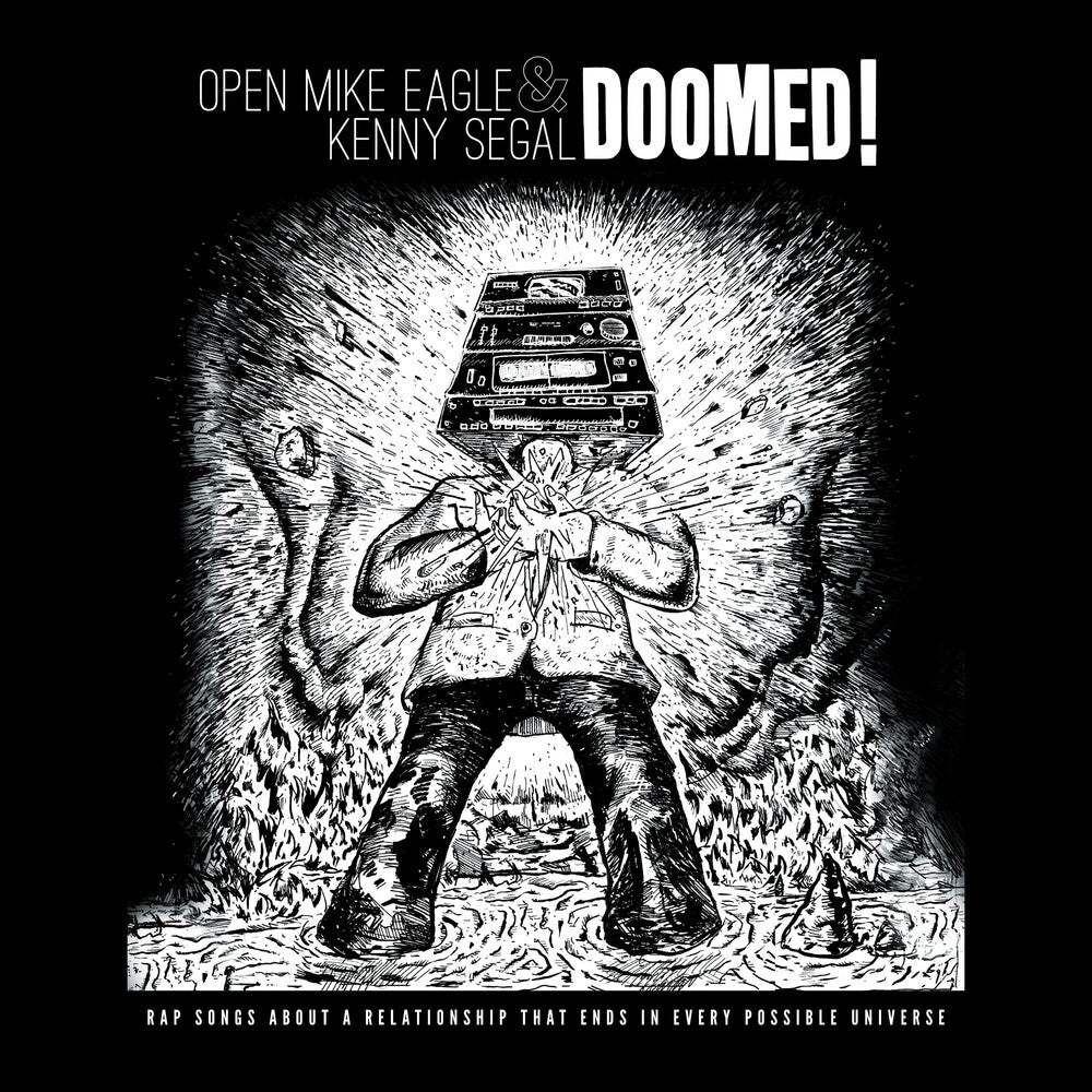 Album cover featuring a person holding cassettes with text about Open Mike Eagle and Kenny Segal's 'Doomed!'.
