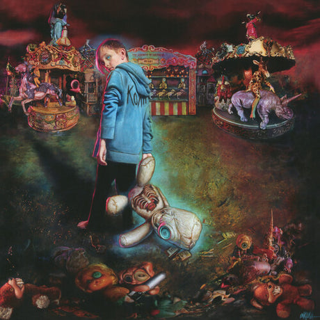 Child in a blue hoodie standing amidst a surreal scene with carousel rides and toys.