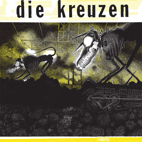 Album cover art for 'die kreuzen' featuring two skeletal dog figures in a dark industrial scene with yellow-green haze, black foreground silhouettes, and a yellow band at the top and bottom.