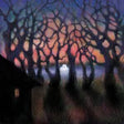 A moody landscape artwork showing a dark forest of gnarled trees with a glowing white moon or house in the distance, set against a colorful sky in shades of purple, pink, orange, and blue.