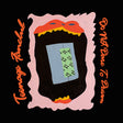 A stylized graphic on a black background featuring a pink wavy border around an open mouth with red-orange lips, yellow teeth, a blue-gray tongue, and a green patterned rectangular shape inside. Orange script text runs along the left and right sides.