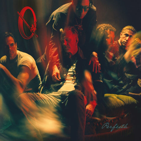 Album cover art for 'Perfection' featuring multiple men in a dimly lit, moody setting with dramatic red and orange lighting, a red circular logo in the top left, and the album title in script at the bottom right.