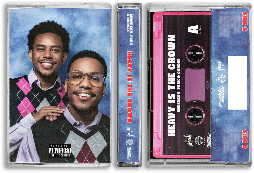 A 3D mockup of a custom cassette album cover and case set for Anderson Jare & Jordan, featuring a front cover with a portrait, a cassette tape with pink and purple details, and a blue inner sleeve.
