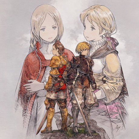 Illustration of three characters in fantasy attire against a light gray background