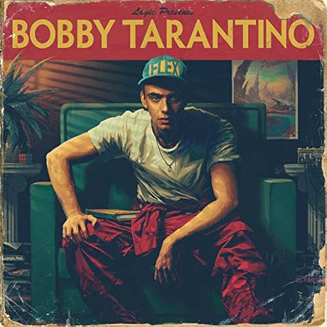 Album cover with a person sitting on a couch, featuring text and a vintage design.