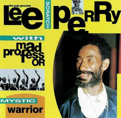 Album cover with a person and text on a yellow background