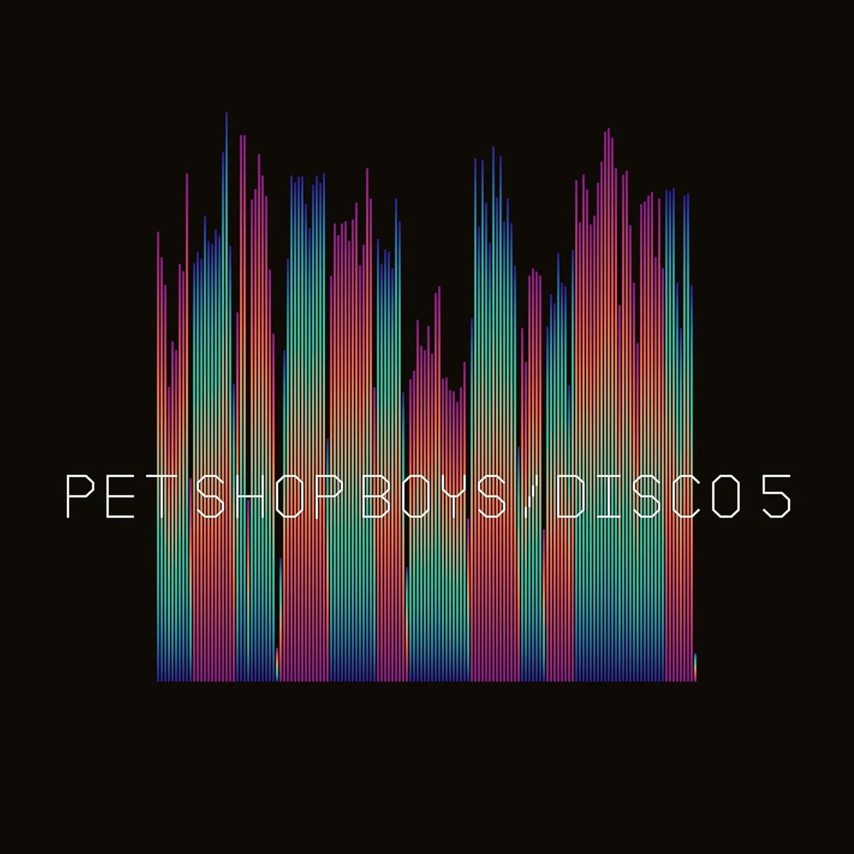 Album cover with colorful vertical bars and 'Pet Shop Boys Disco 5' text on a black background